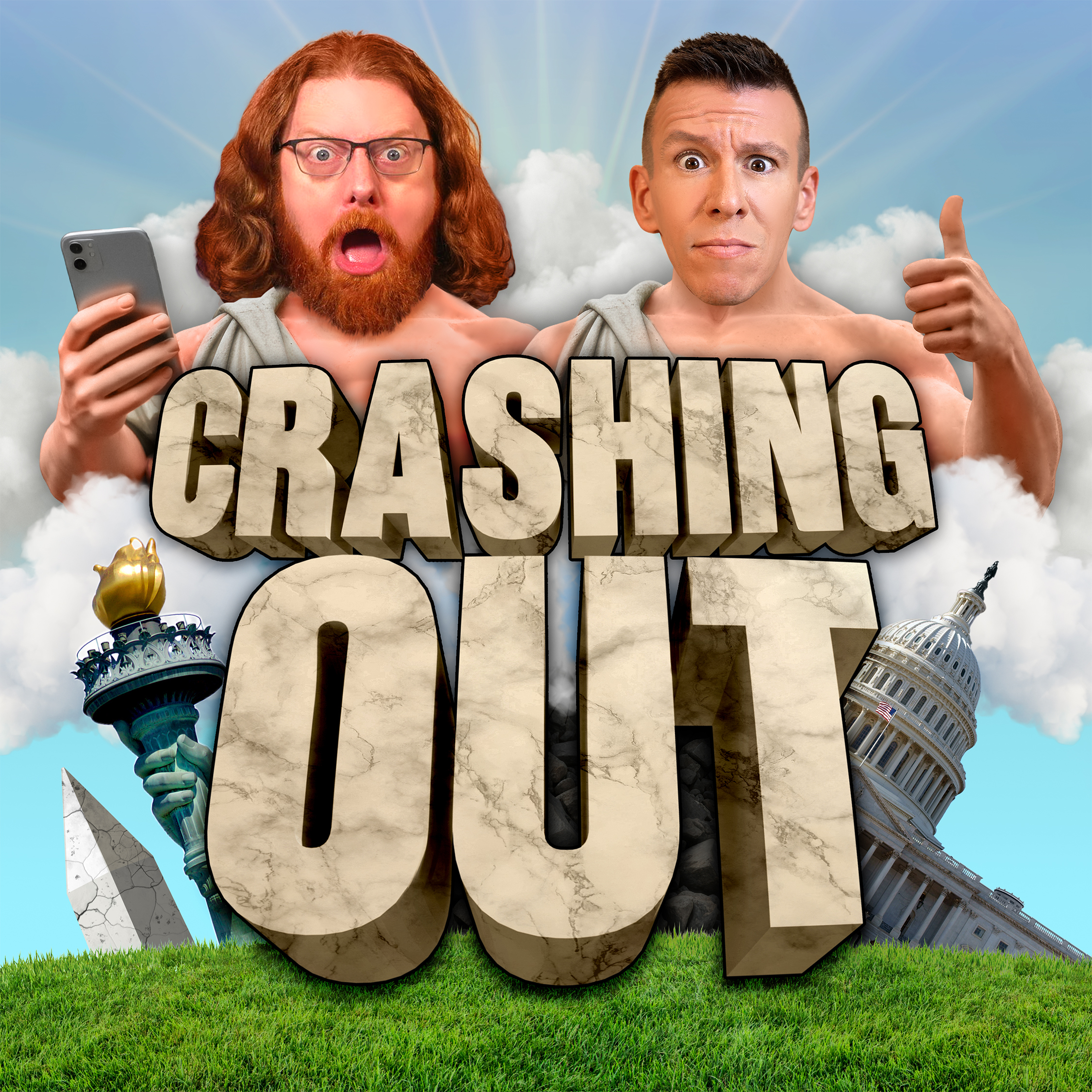 Crashing Out — Phil and Alex in togas among crumbling monuments